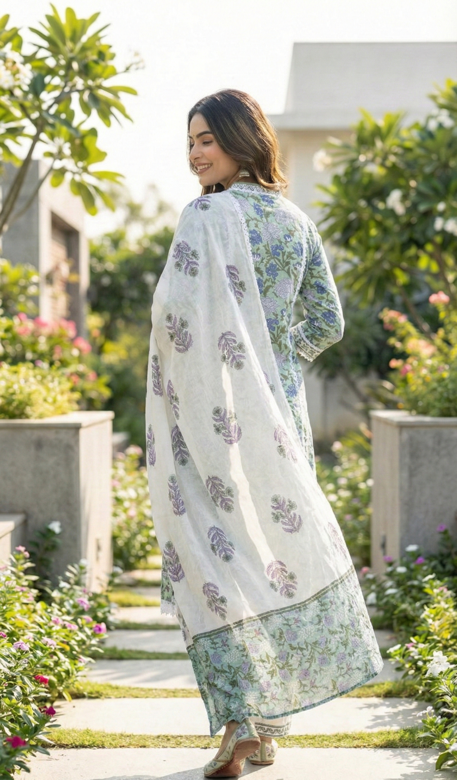 Gulvista Botanical Block Print Cotton 3-Piece Suit Set