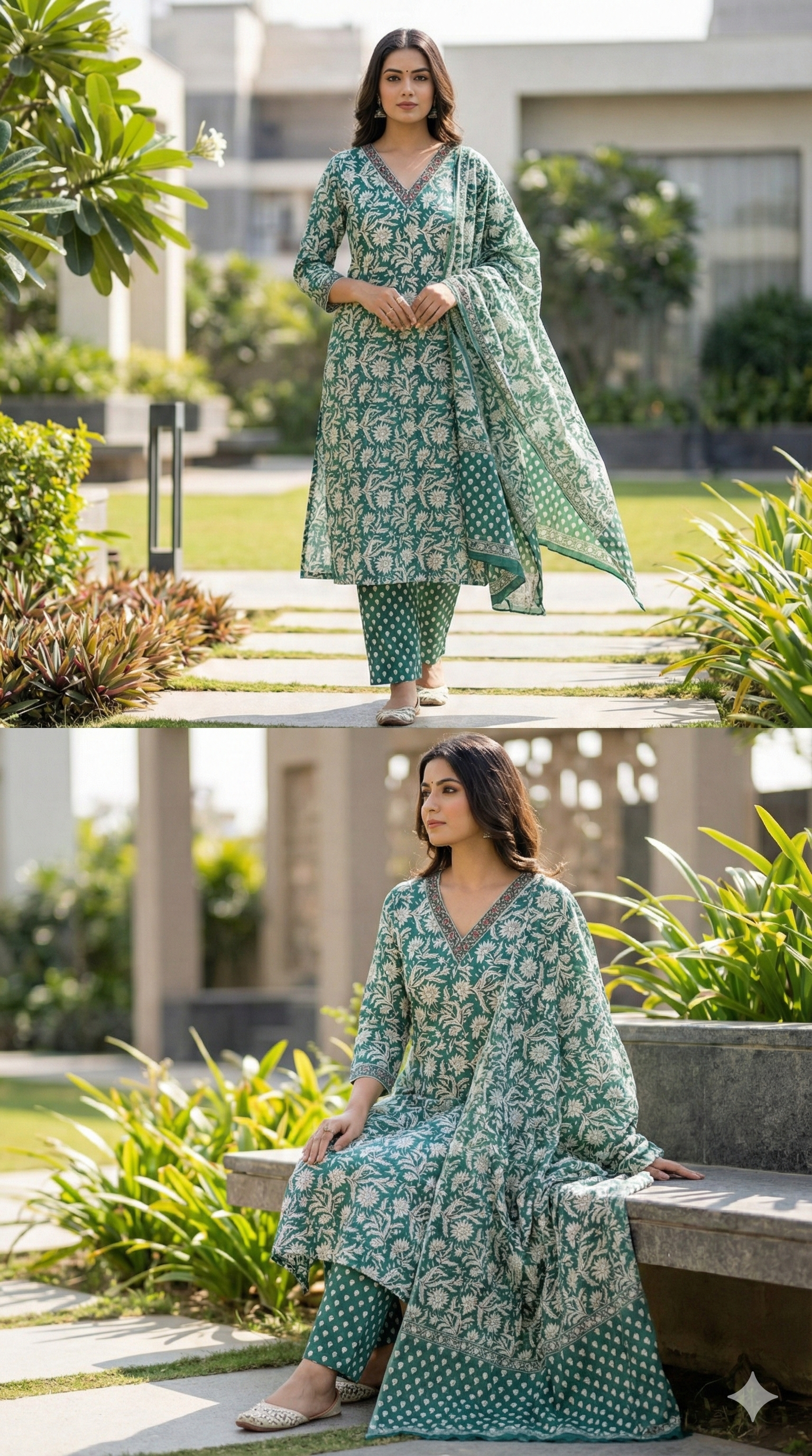 Guljaal Floral Jaal Block Print Cotton 3-Piece Suit Set
