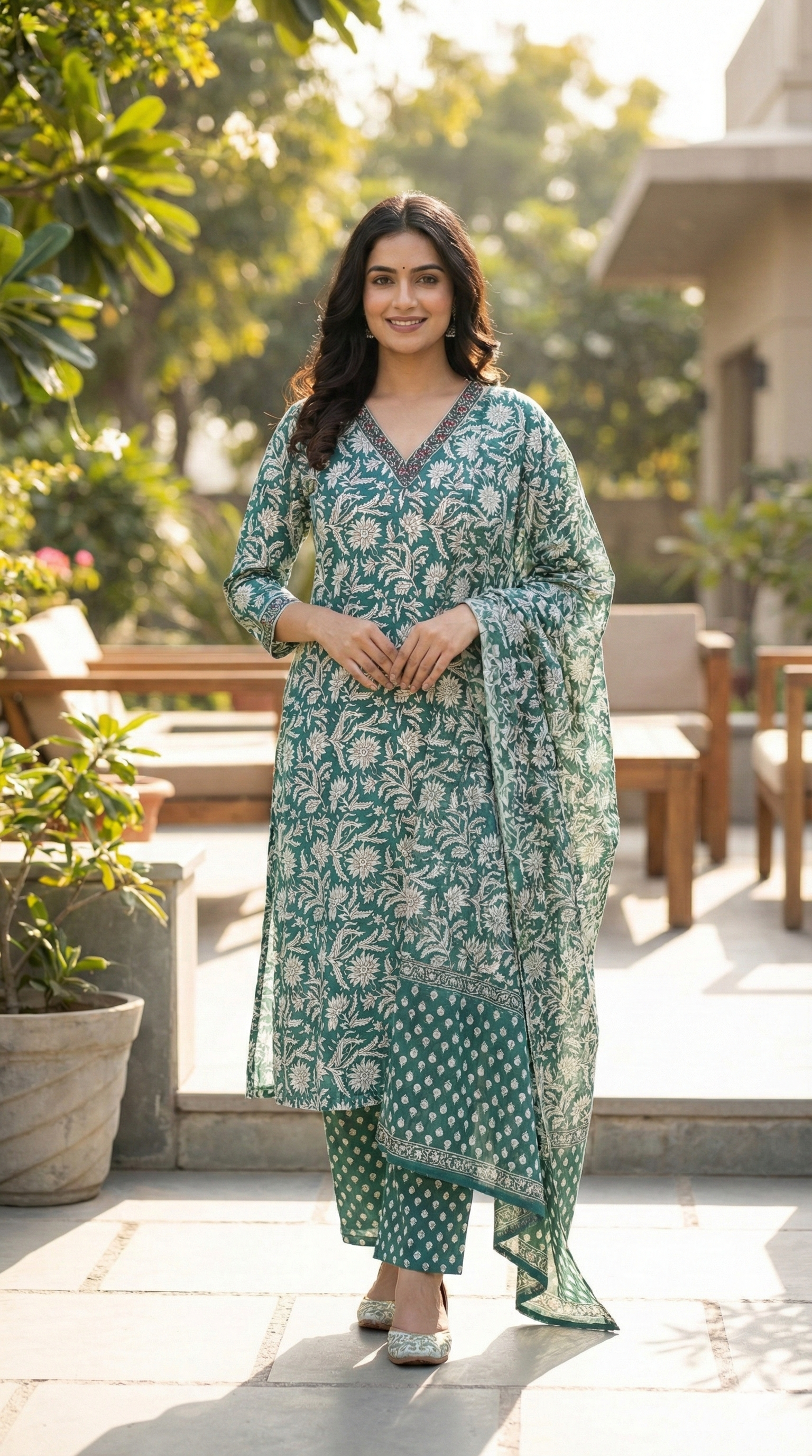 Guljaal Floral Jaal Block Print Cotton 3-Piece Suit Set