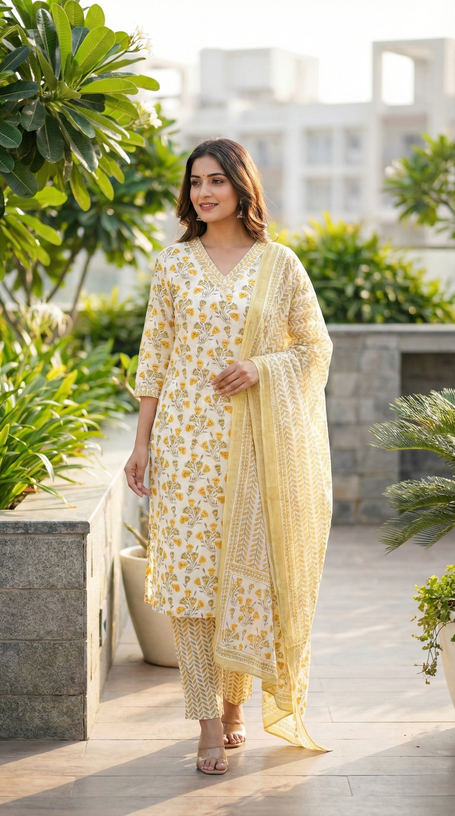 Marigold Floral Buti Block Print Cotton 3-Piece Suit Set
