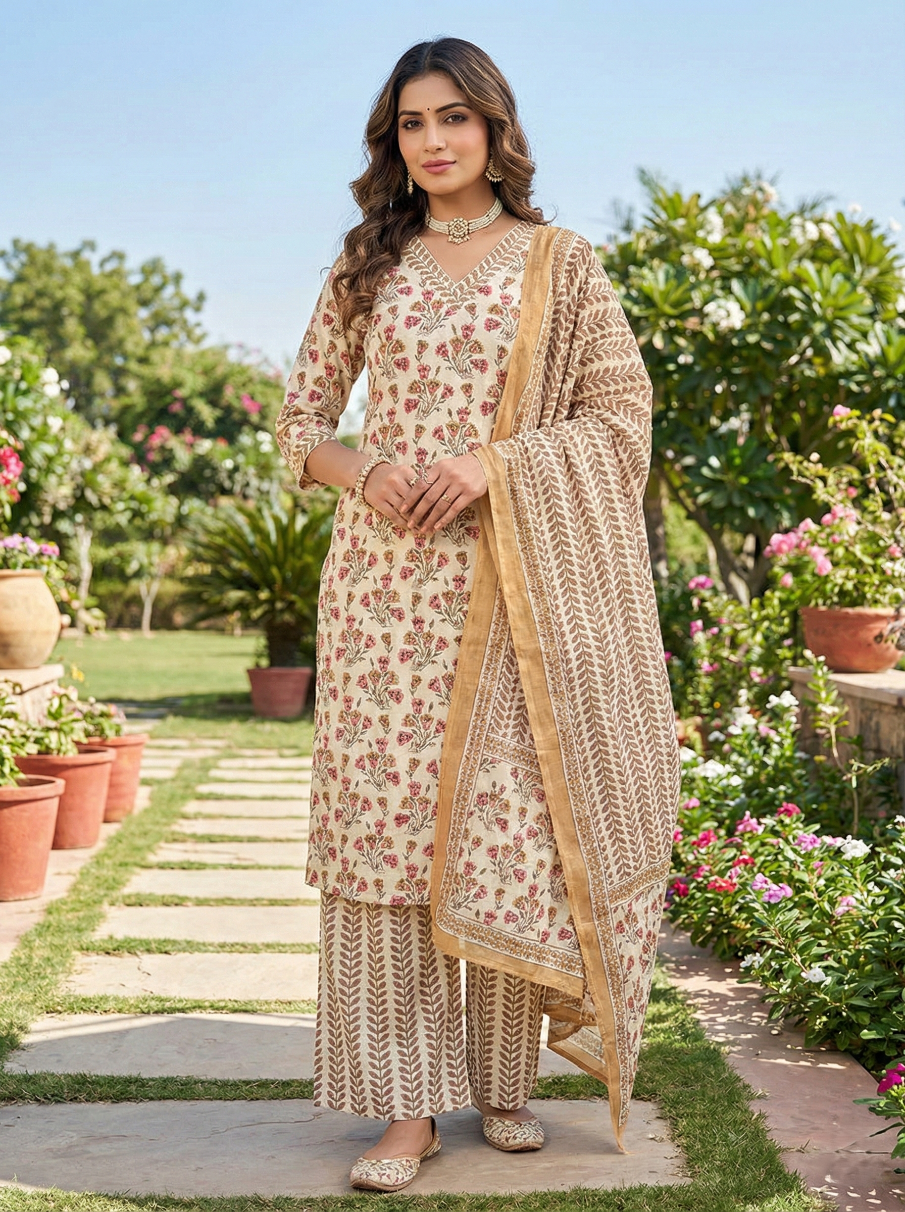 Marigold Floral Buti Block Print Cotton 3-Piece Suit Set