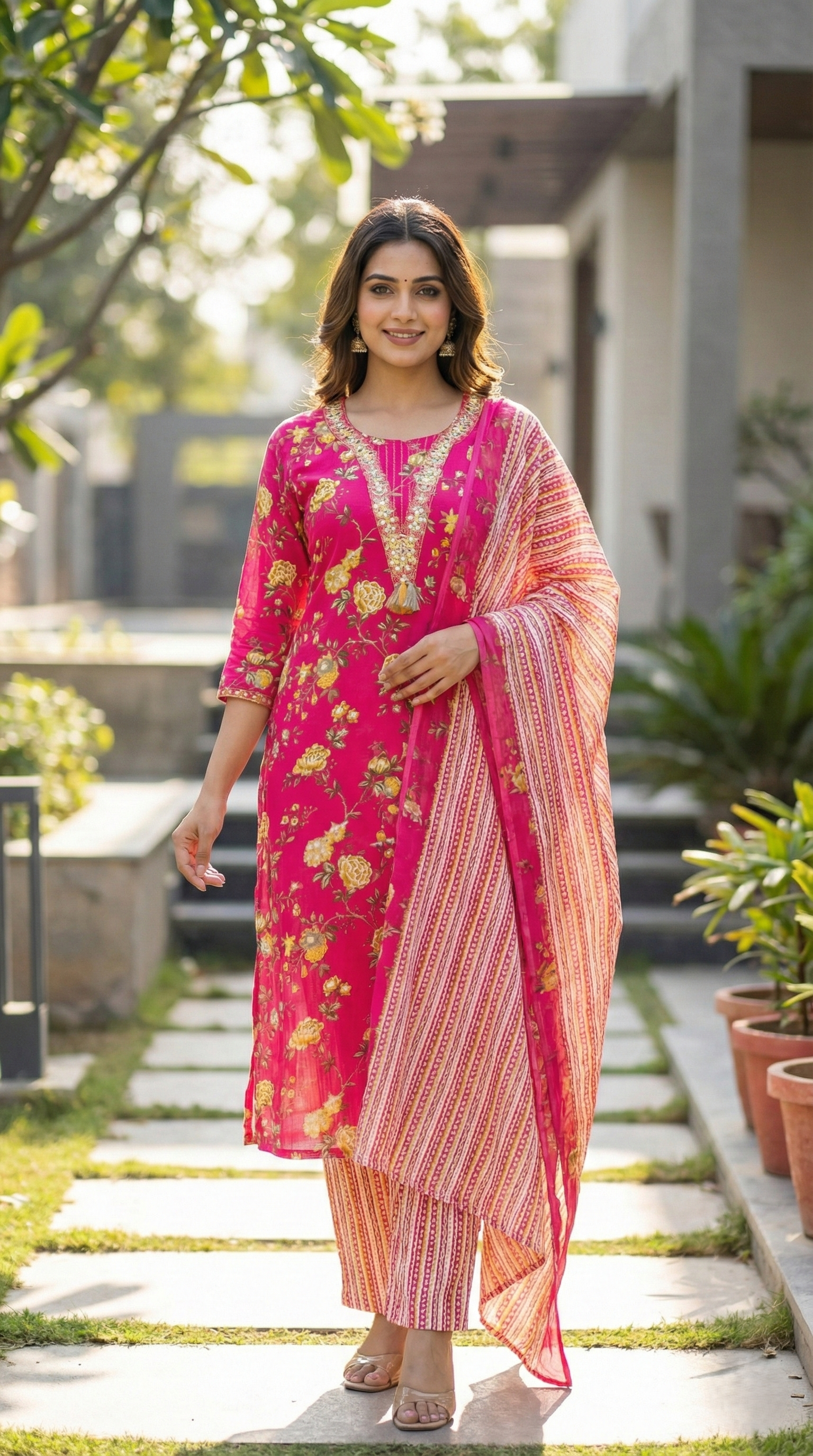 Gulrang Floral Bouquet Block Print Cotton 3-Piece Suit Set