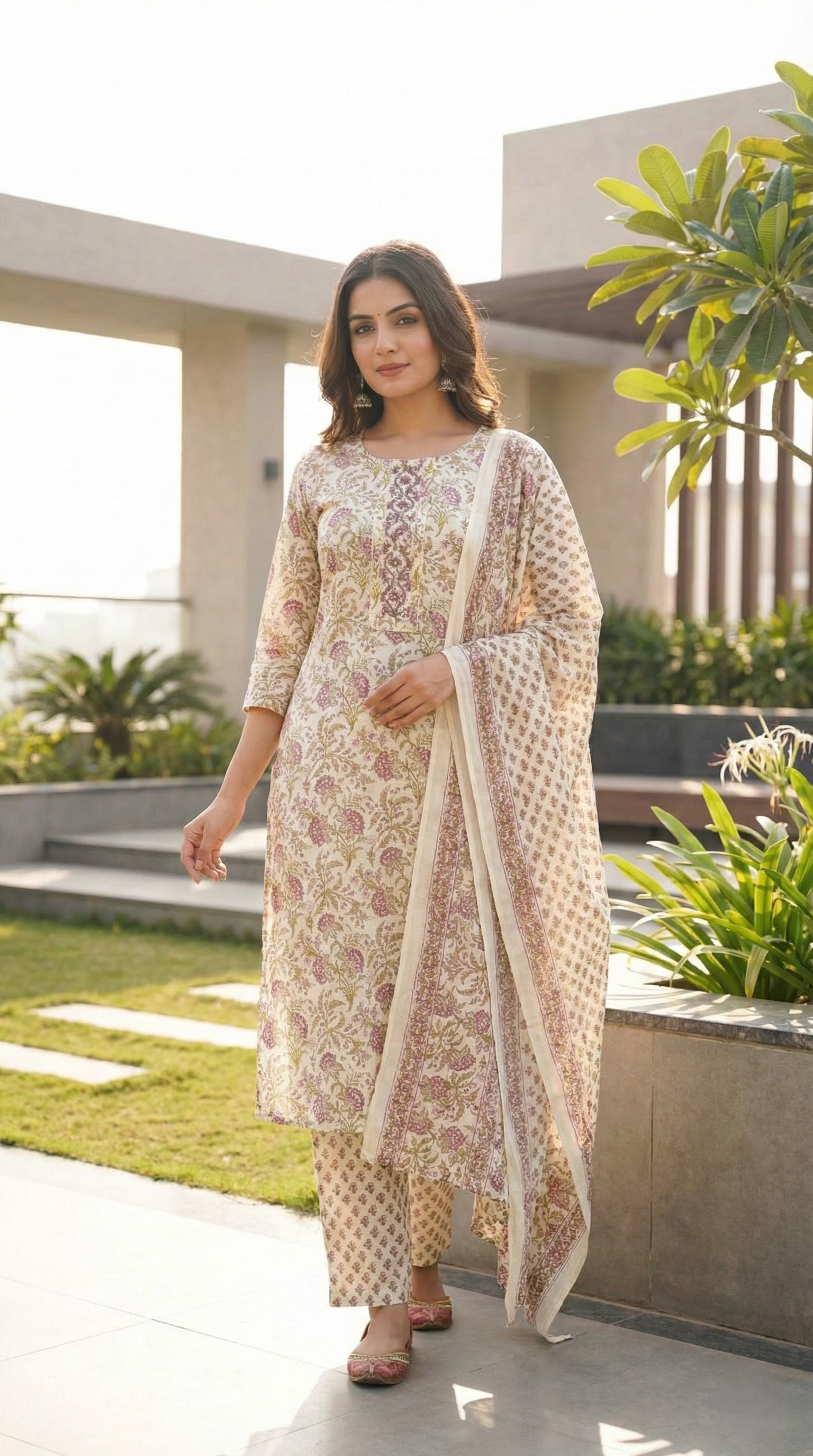 Gulbahar Floral Vine Block Print Cotton 3-Piece Suit Set