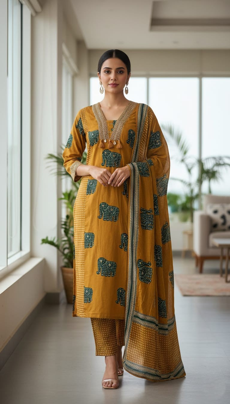 Hathi Buti Block Print Cotton 3-Piece Suit Set