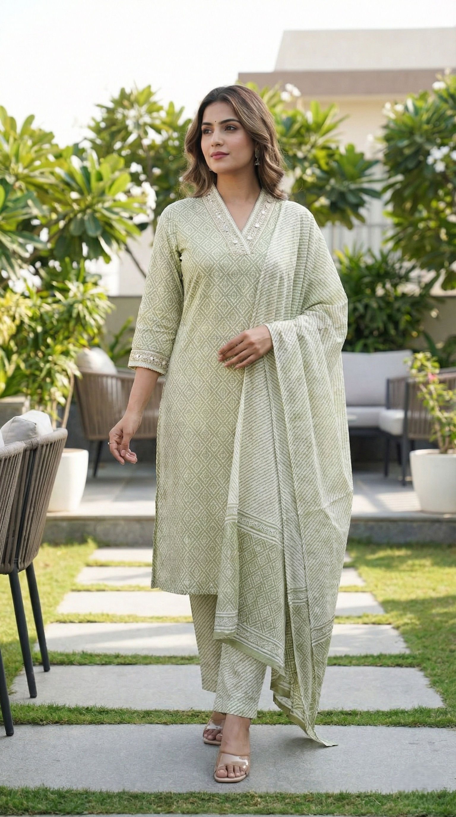 Meher Geometric Block Print Cotton 3-Piece Suit Set