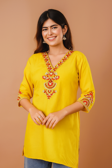 Mustard Garden Cotton Short Kurta - Yellow with Red Floral Embroidery