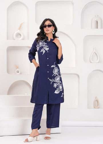 Navy Cotton Floral Cord Set - Button-Down Top and Pants