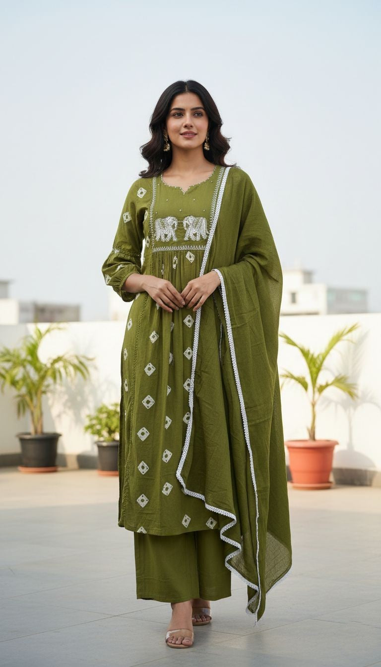 Rajhathi Elephant Motif Cotton 3-Piece Suit Set