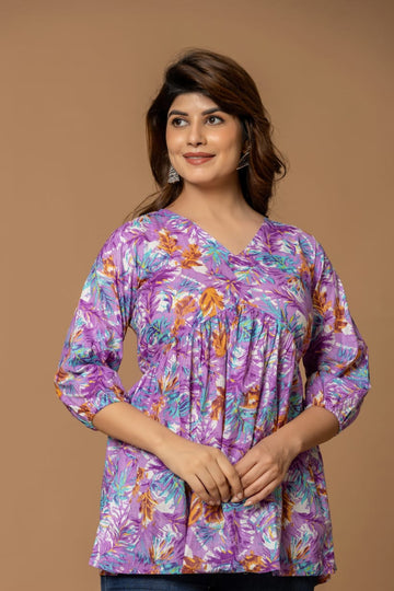Mystic Flora Cotton Short Kurta - Vibrant Purple & Orange Floral Print