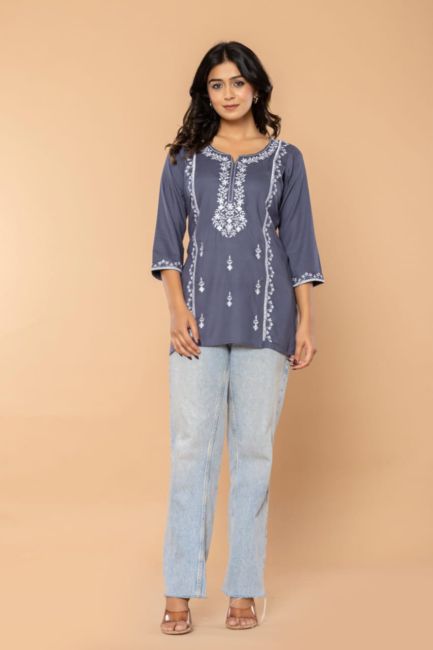 Navy Bloom Embroidery Top