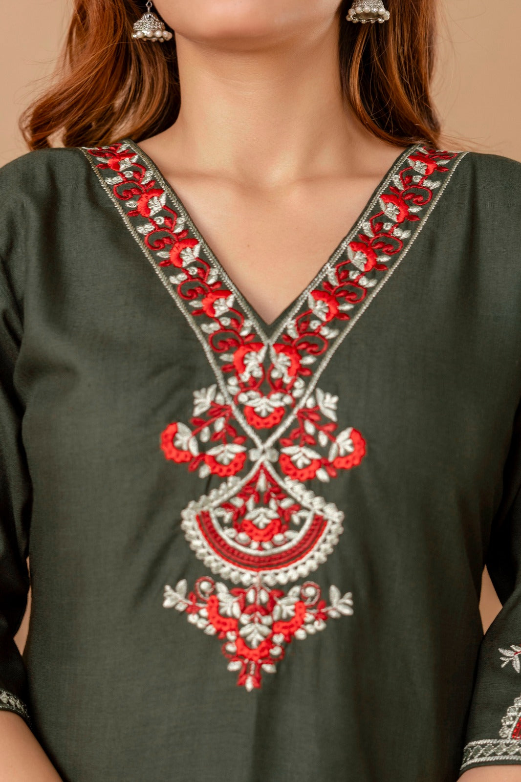 Olive Garden Cotton Short Kurta - Olive with Red Floral Embroidery