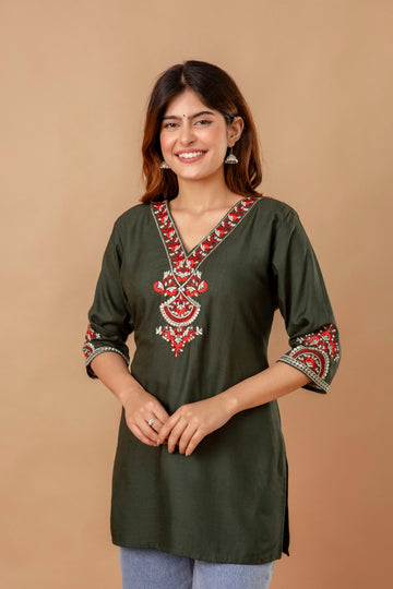 Olive Garden Cotton Short Kurta - Olive with Red Floral Embroidery
