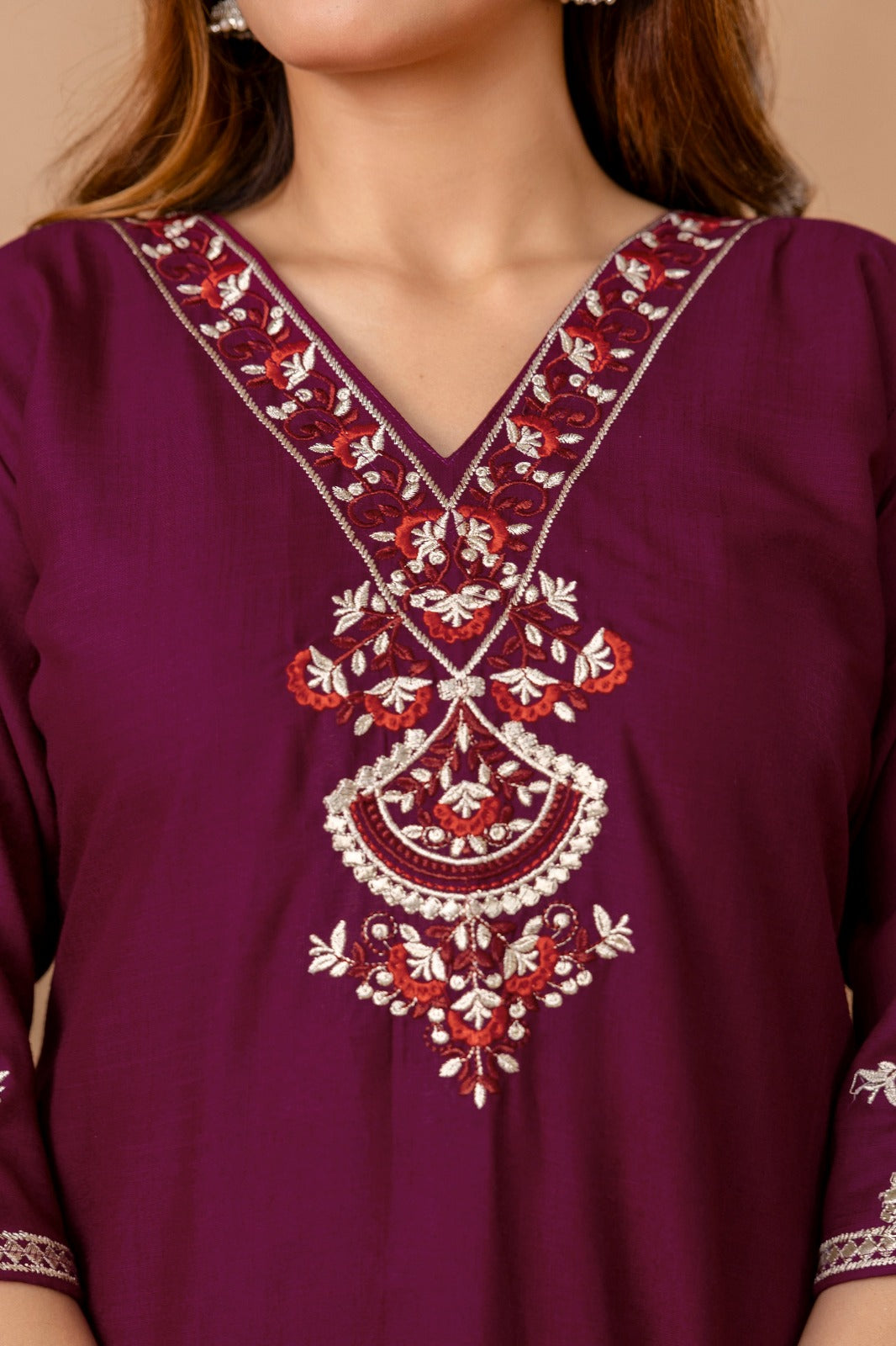 Maroon Garden Cotton Short Kurta - Maroon with Red Floral Embroidery