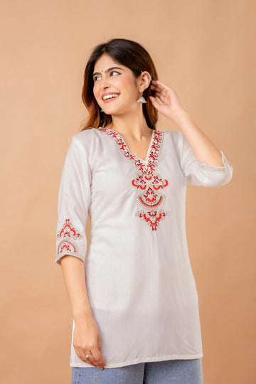 White Garden Cotton Short Kurta - White with Red Floral Embroidery