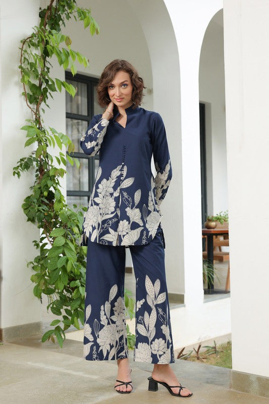 Navy Cotton Botanical Print Premium Co-ord Set - Top and Matching Pants