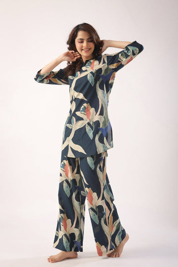 Navy Cotton Abstract Floral Cord Set - Top and Matching Pants