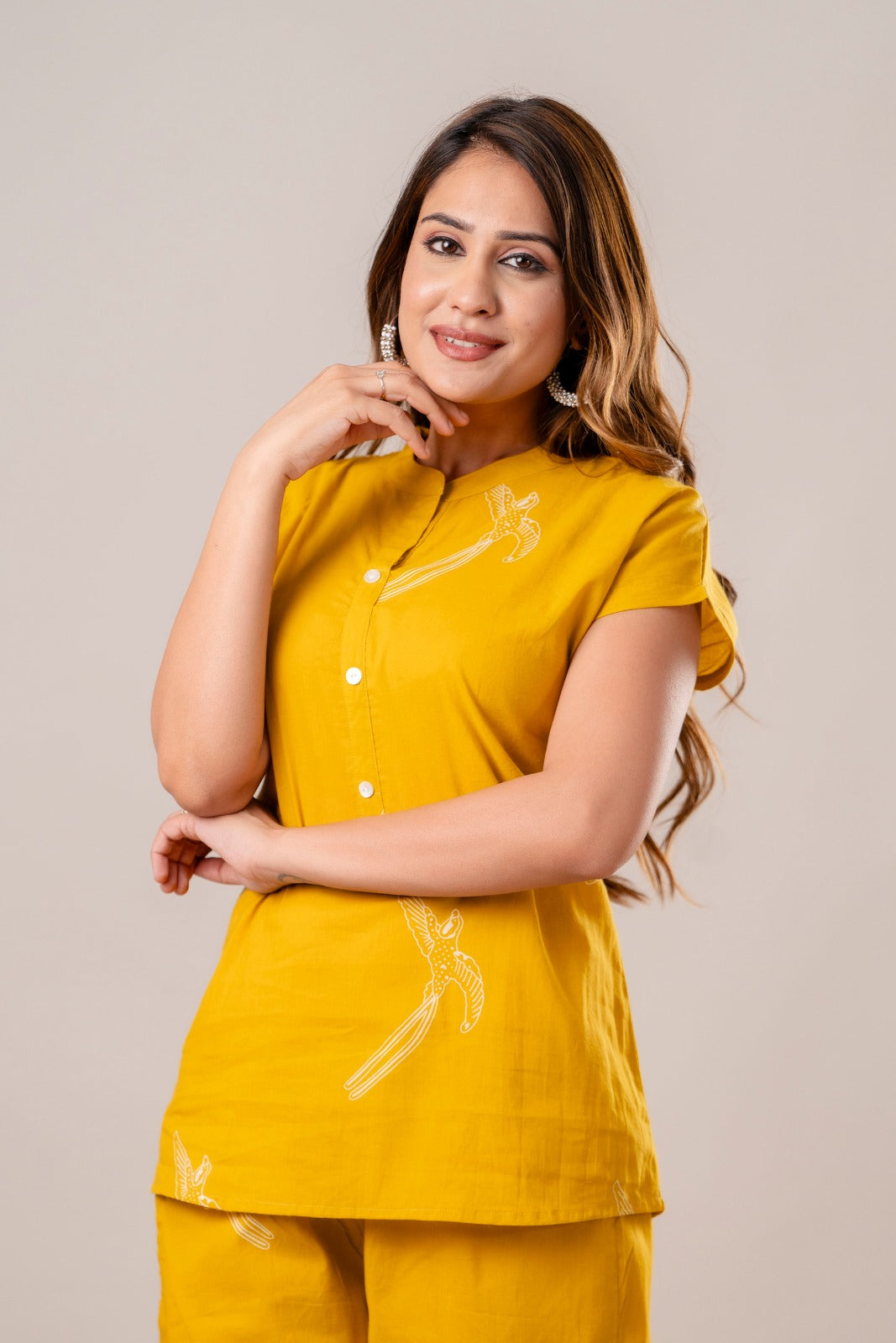 Yellow Cotton Dragonfly Co-ord Set - Button-Down Top and Pants