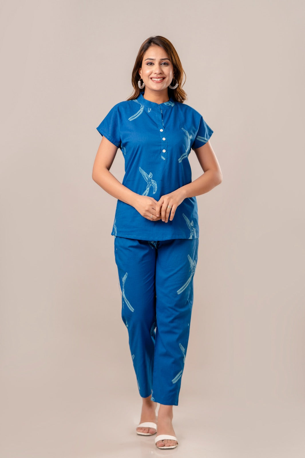 Blue Cotton Dragonfly Co-ord Set - Button-Down Top and Pants