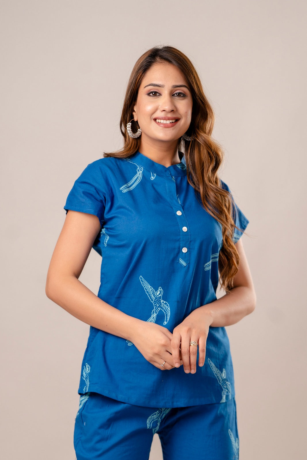 Blue Cotton Dragonfly Co-ord Set - Button-Down Top and Pants