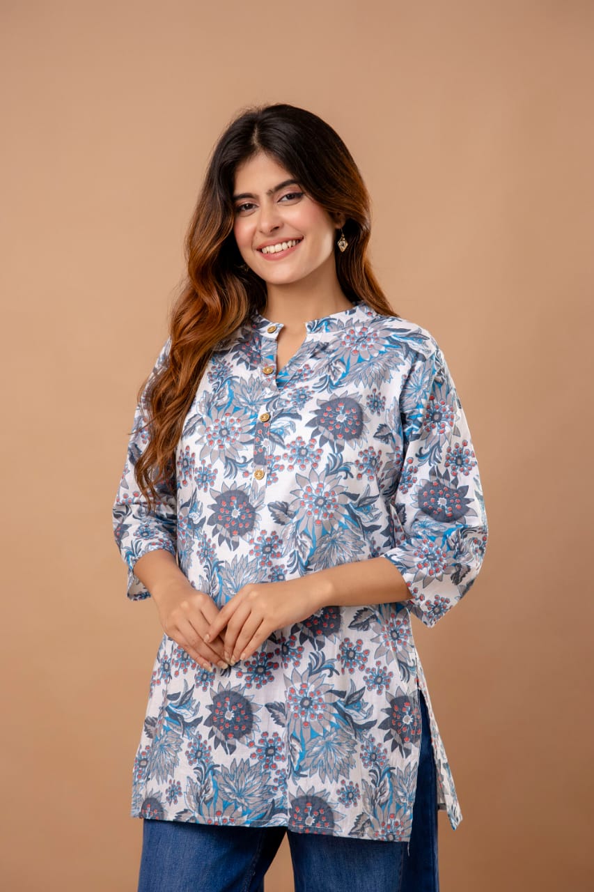 Blue Blossom Cotton Short Kurta - Floral Print with Button Detailing
