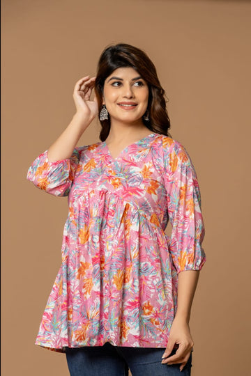 Mystic Flora Cotton Short Kurta - Pink & Orange Floral Print