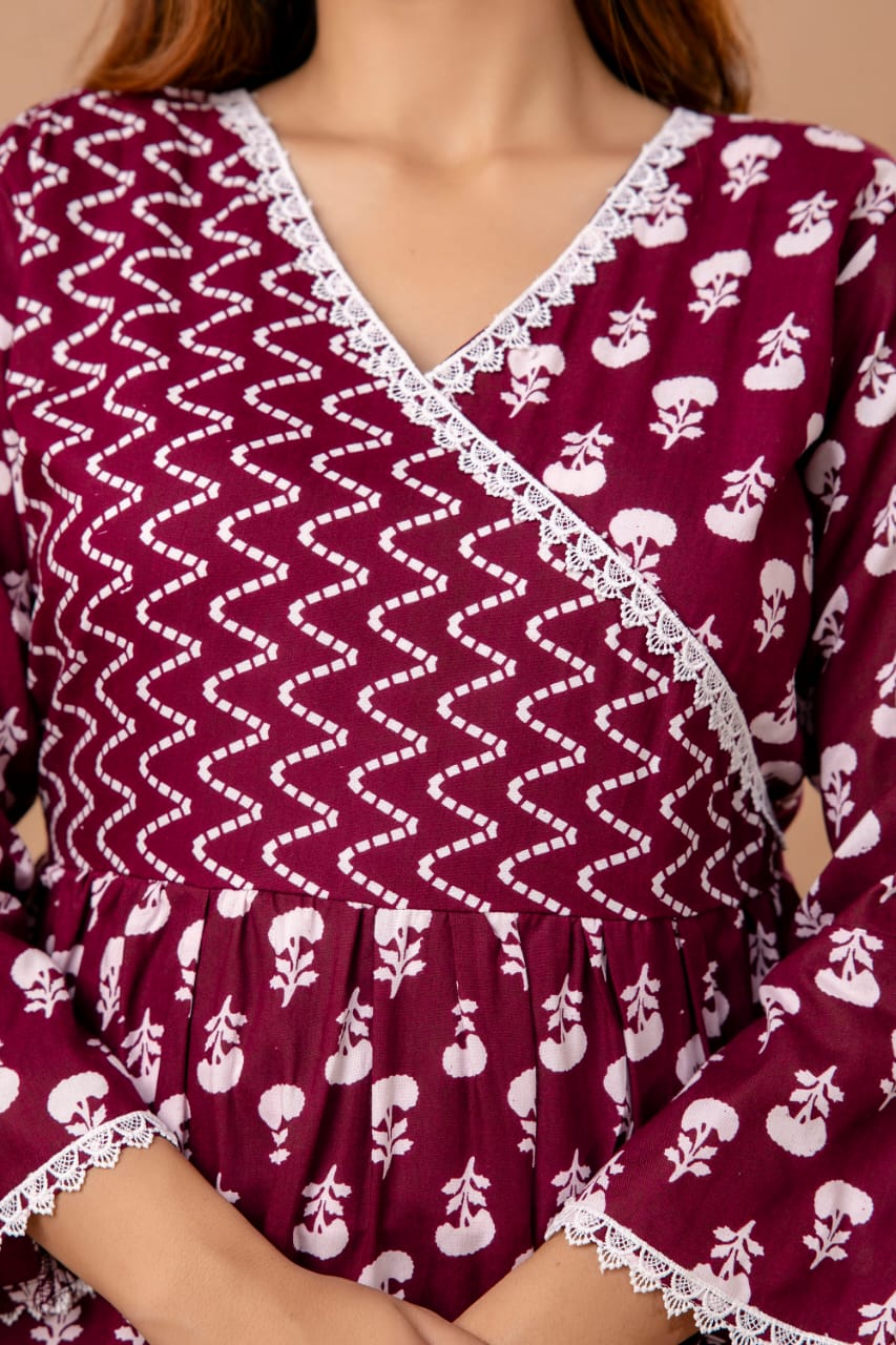 Ethnic Charm Printed Cotton Kurti Top - Maroon & White