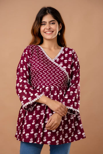 Ethnic Charm Printed Cotton Kurti Top - Maroon & White