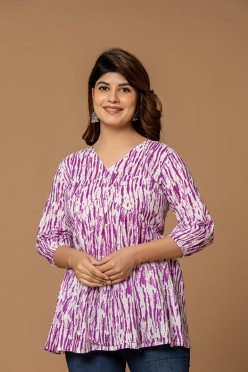 Purple Stripes Cotton Short Kurta - Bold Purple & White Abstract Print