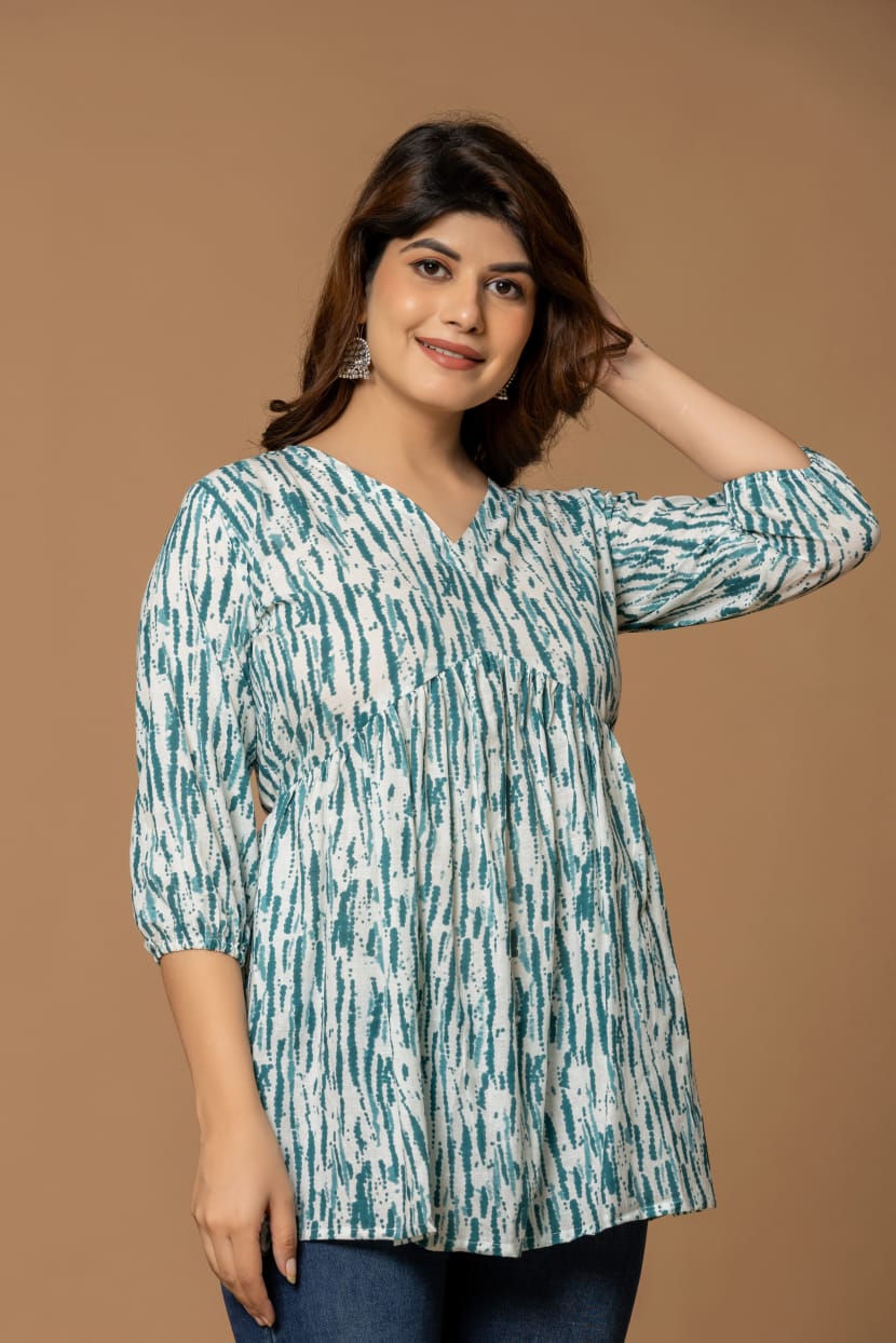 Aqua Stripes Cotton Short Kurta - Teal & White Abstract Print
