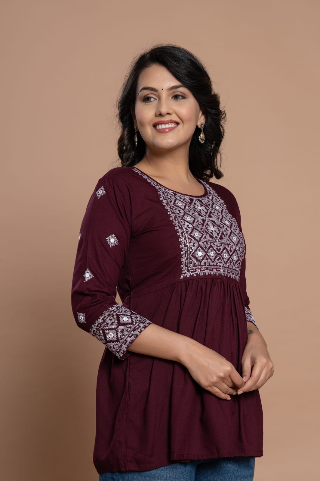 Embroidered Diamond Panel Kurti - Burgundy