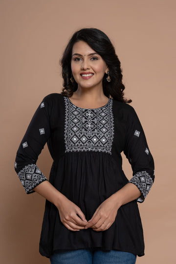 Embroidered Diamond Panel Kurti - Black