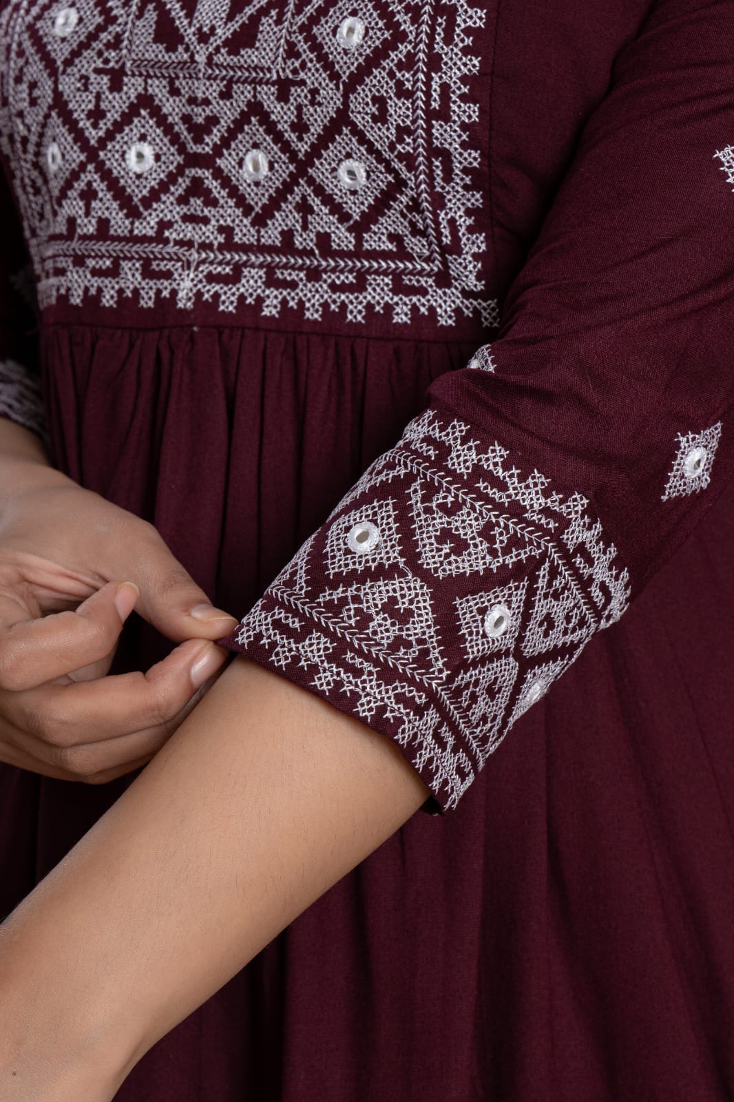 Embroidered Diamond Panel Kurti - Burgundy