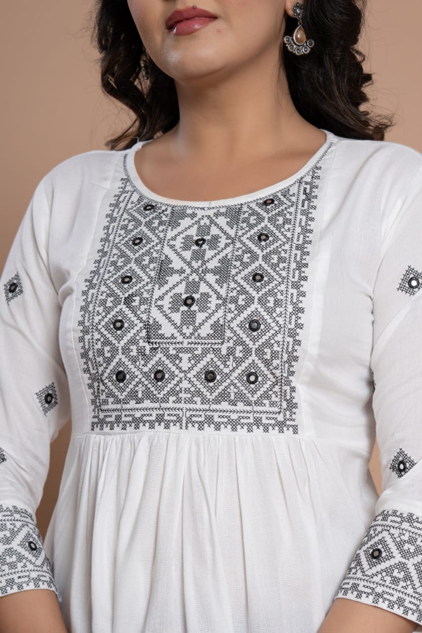 Embroidered Diamond Panel Kurti - White