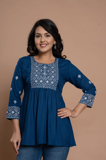 Embroidered Diamond Panel Kurti - Blue