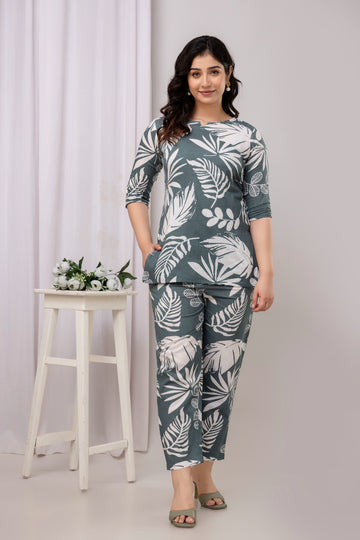 Olive Green Cotton Leaf Print Cord Set - Top and Matching Pants