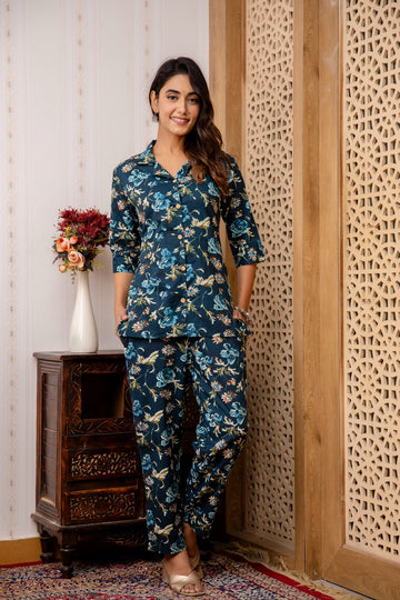 Navy Cotton Floral Print Cord Set - Top and Matching Pants