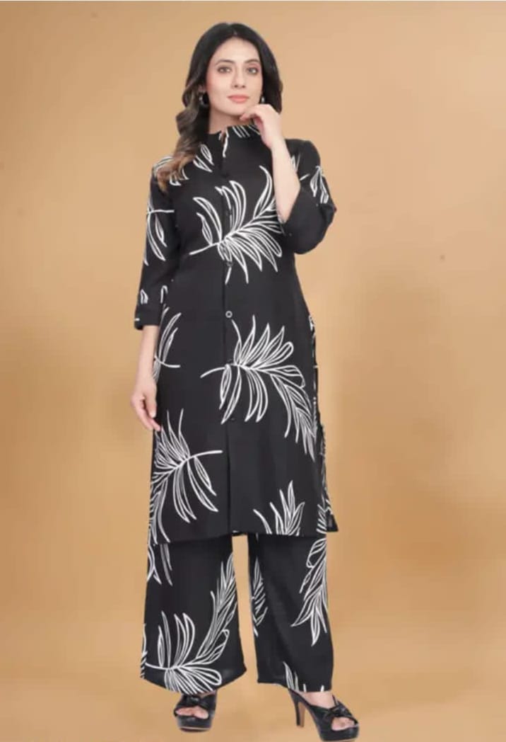 Midnight Black Leaf Co-ord Set - Balck & White