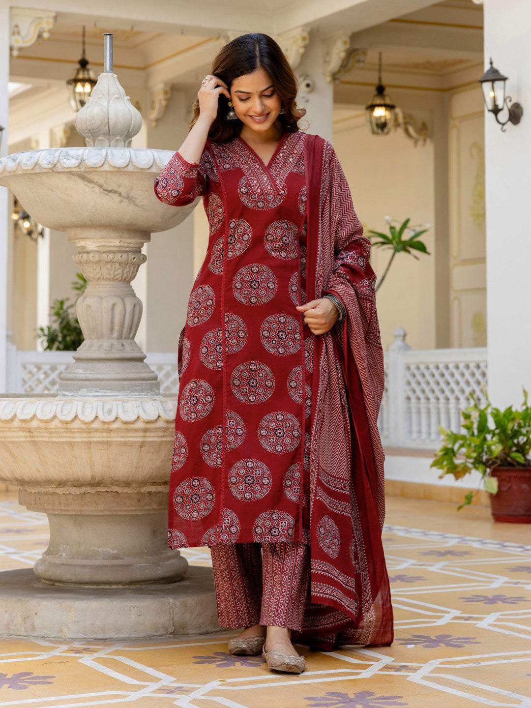 Maroon Ajrakh Heritage 3-Piece Suit Set