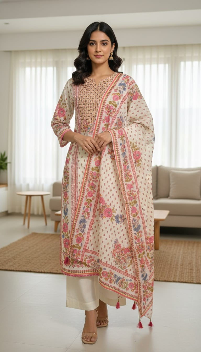Gulnaar Floral Jaal Cotton 3-Piece Suit Set