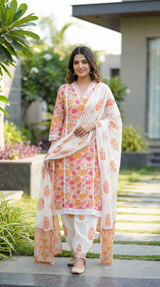 Gulvista Botanical Block Print Cotton 3-Piece Suit Set