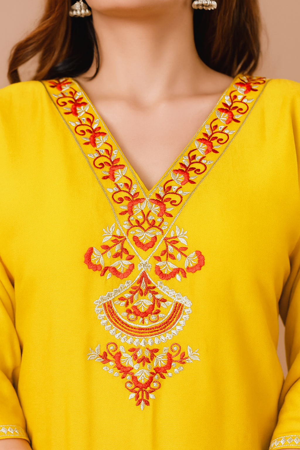 Mustard Garden Cotton Short Kurta - Yellow with Red Floral Embroidery