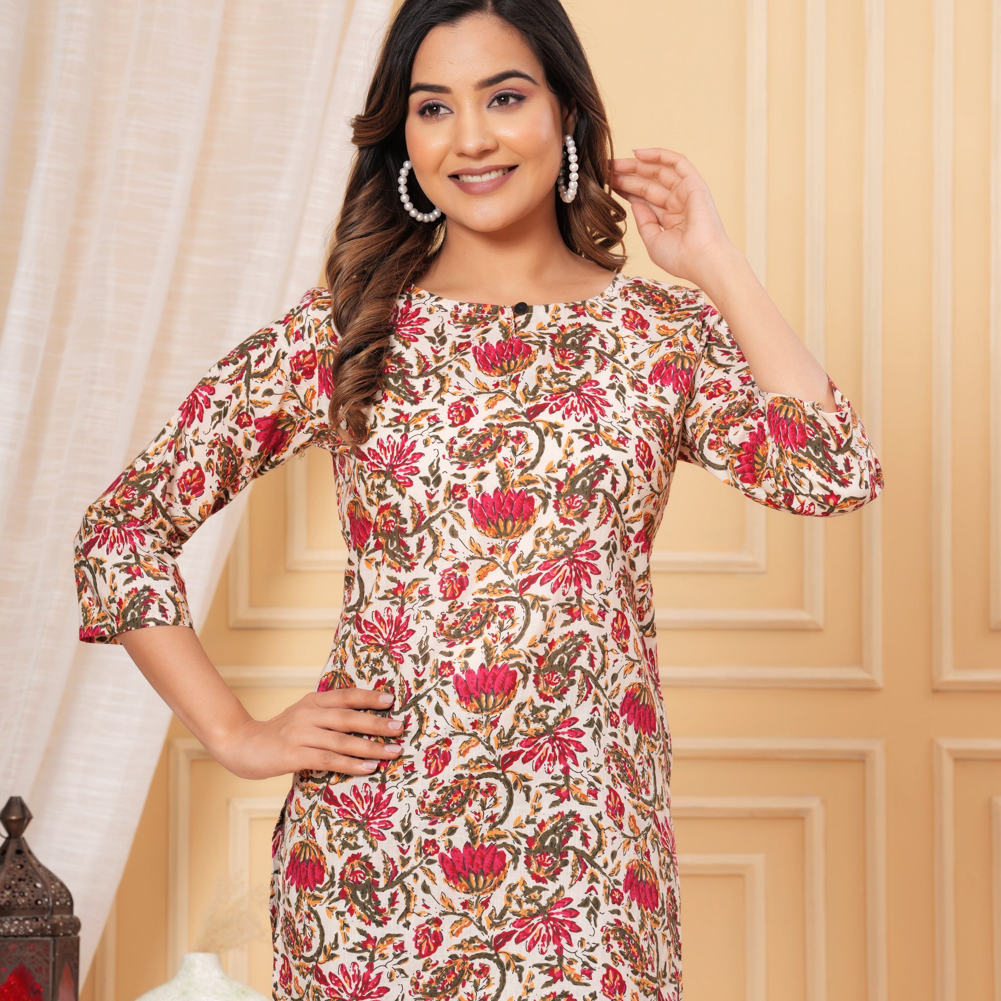 Patel White Base Short Kurta