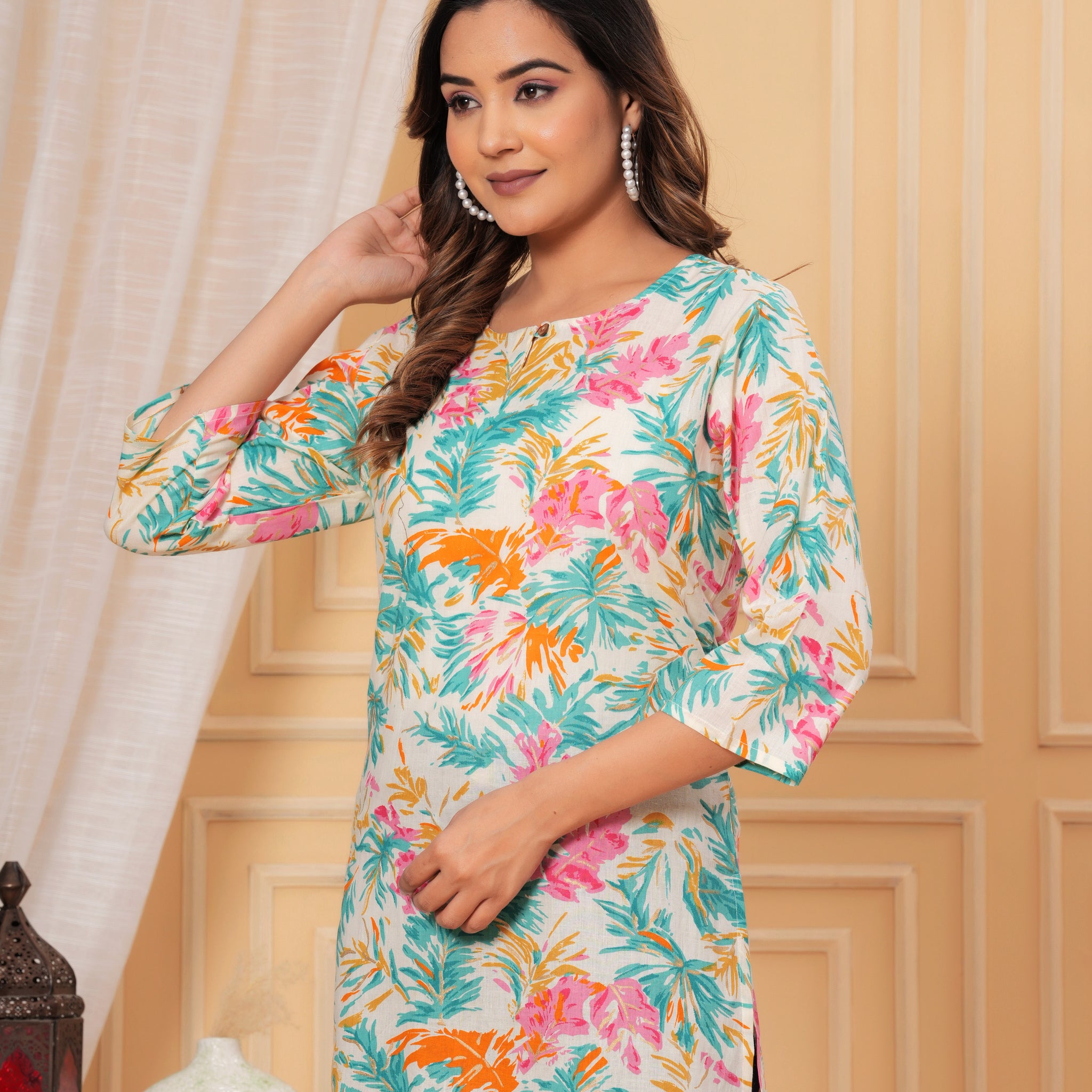 Beige Gold White Base Short Kurta