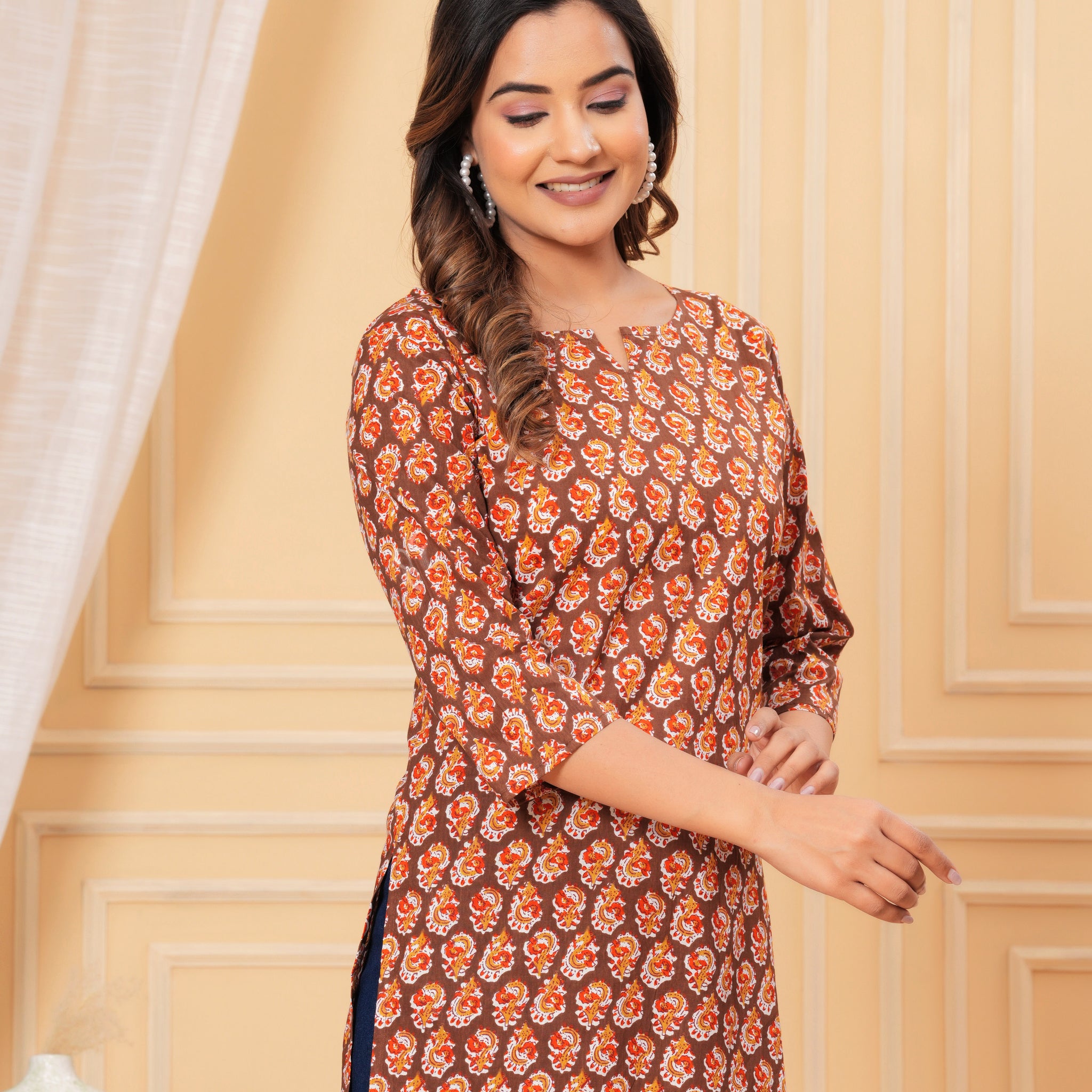Brown Red Yog Short Kurta