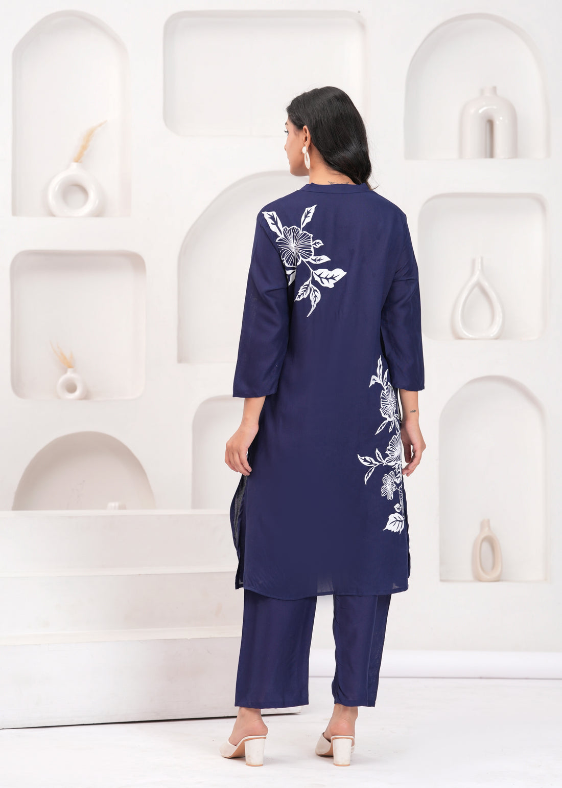 Navy Cotton Floral Cord Set - Button-Down Top and Pants