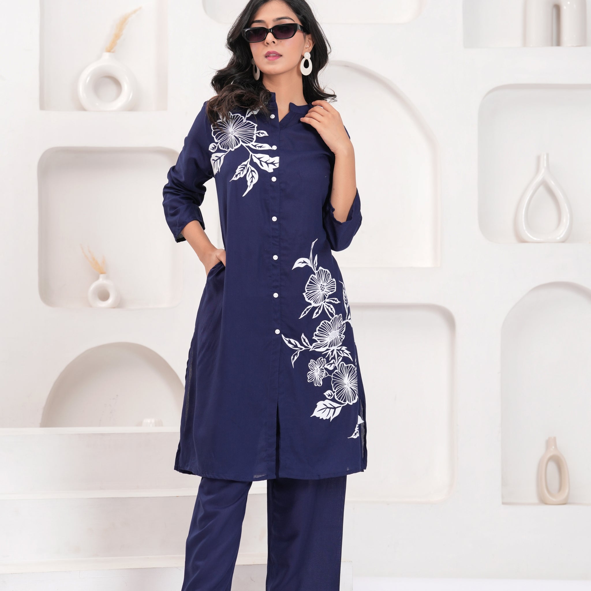 Navy Cotton Floral Cord Set - Button-Down Top and Pants