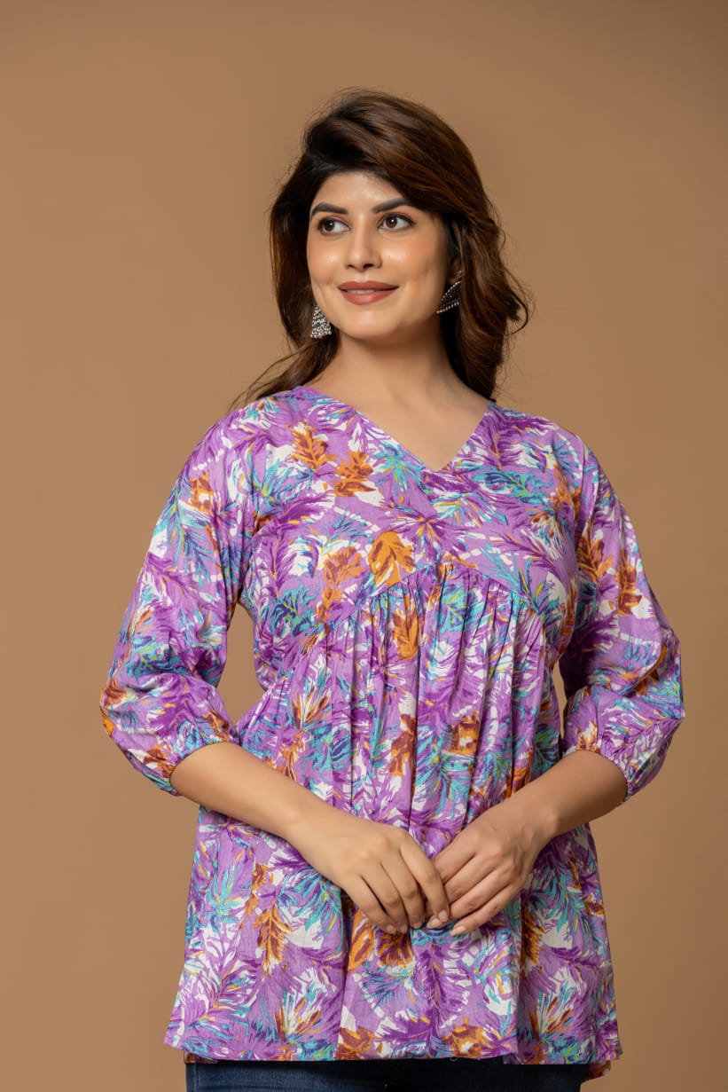 Mystic Flora Cotton Short Kurta - Vibrant Purple & Orange Floral Print