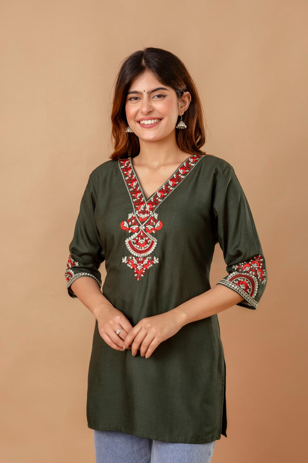 Olive Garden Cotton Short Kurta - Olive with Red Floral Embroidery