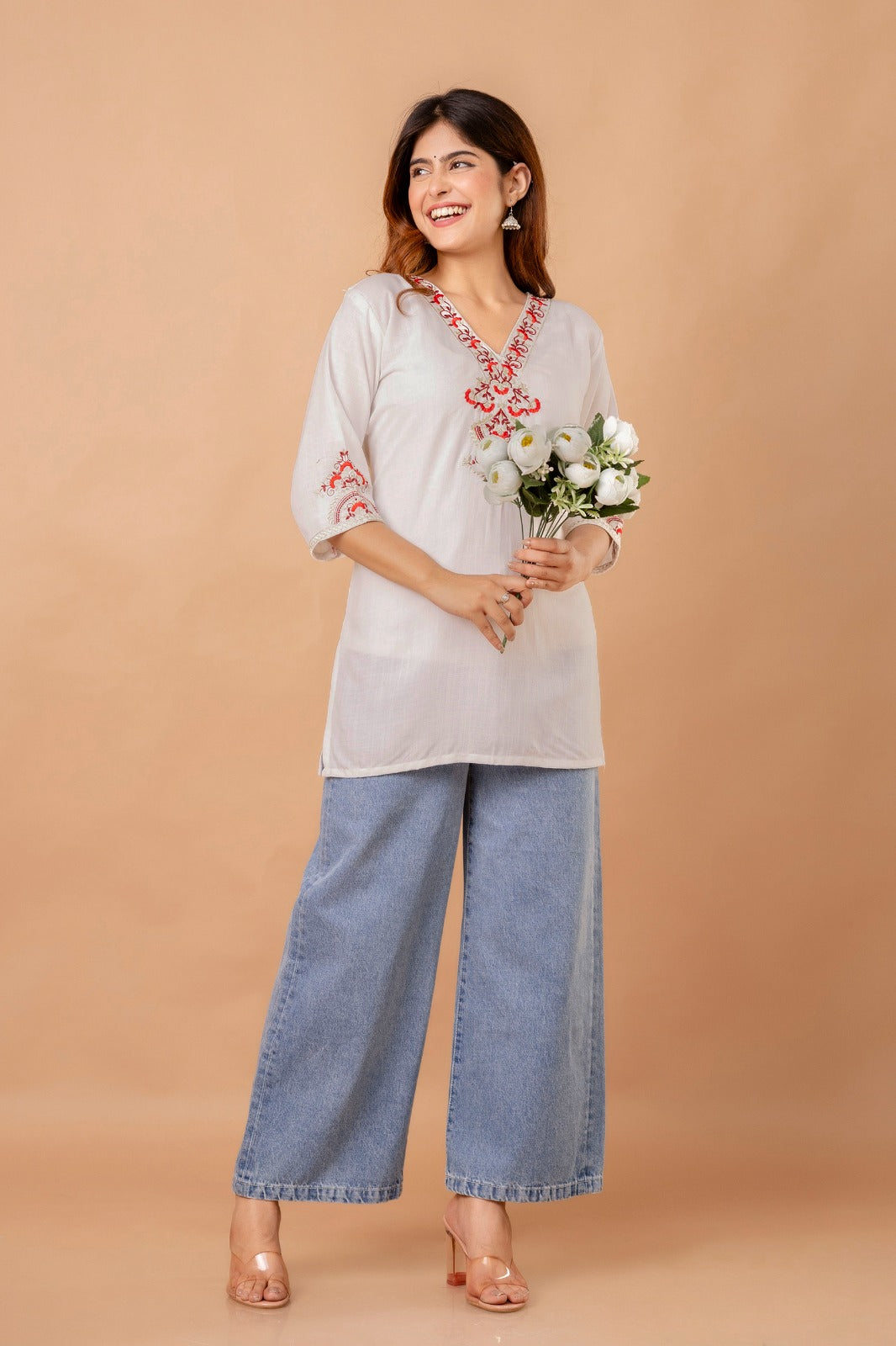 White Garden Cotton Short Kurta - White with Red Floral Embroidery