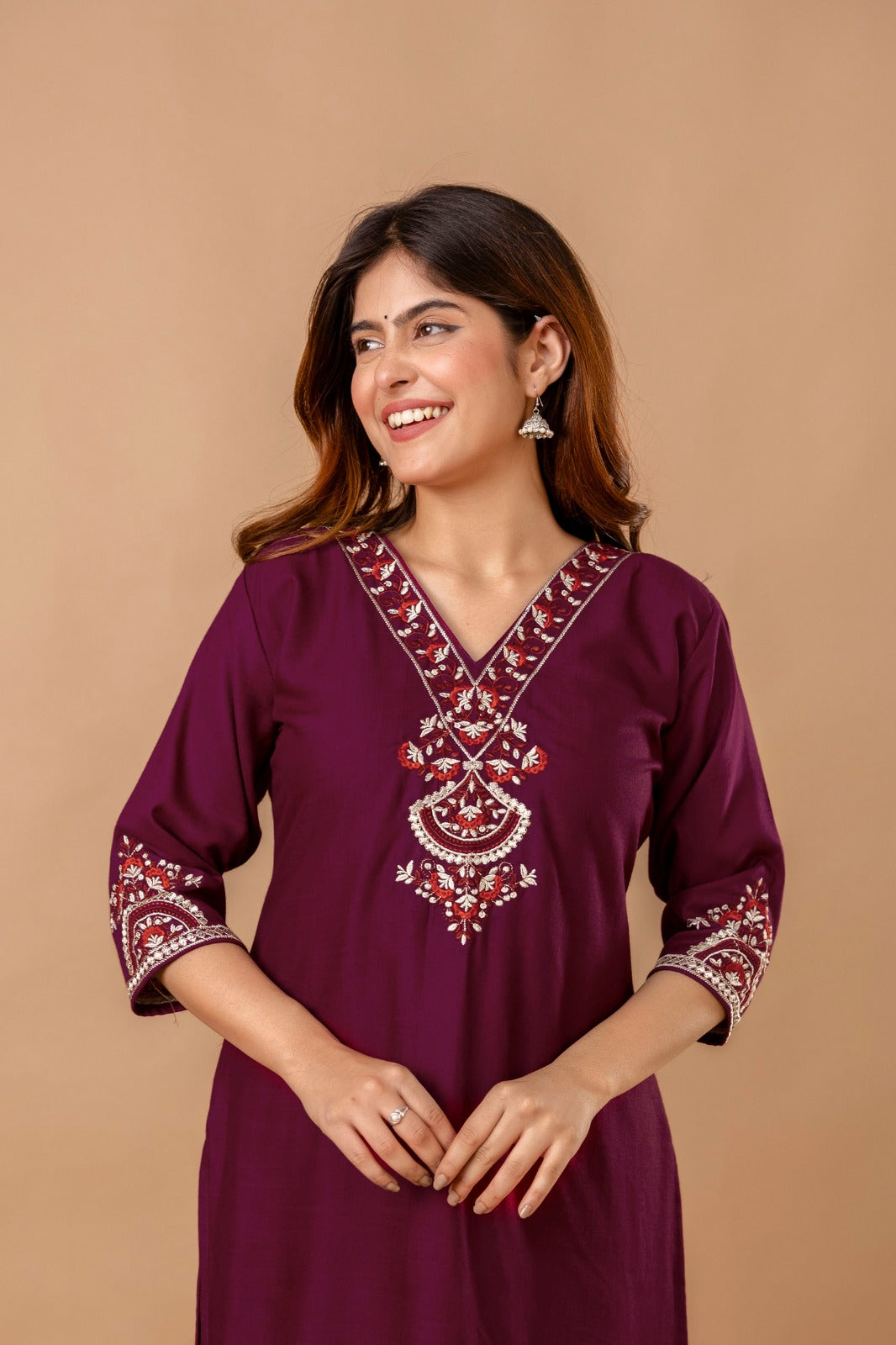 Maroon Garden Cotton Short Kurta - Maroon with Red Floral Embroidery